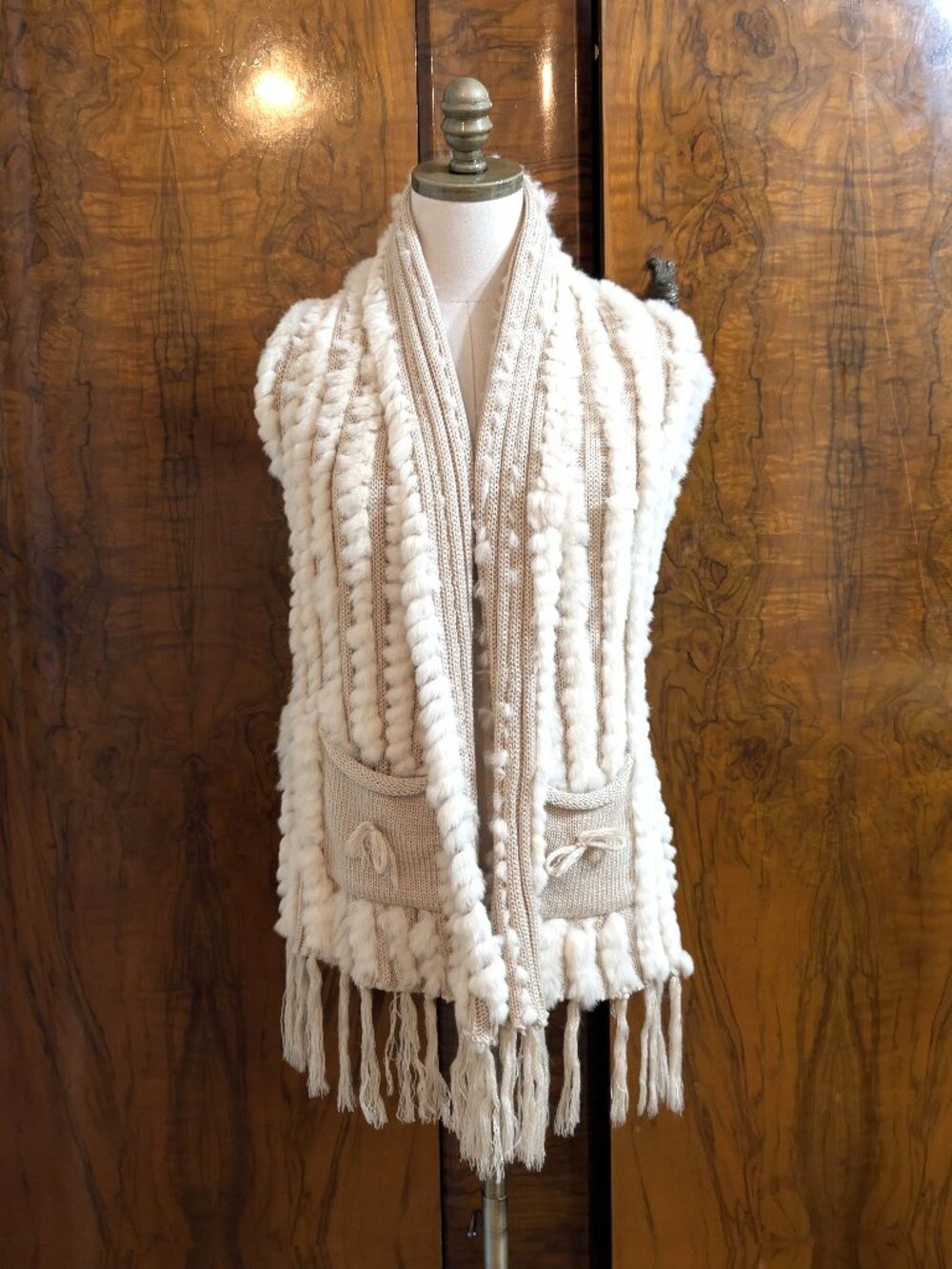 Belle Fare Lenzen Cream Knitted Rabbit Fur Wool Shaggy Fringe Sweater Vest XS
